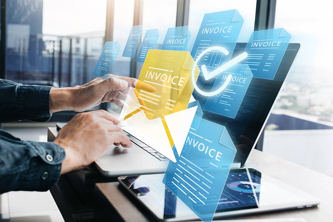 A conceptual image of invoice organization software for business.